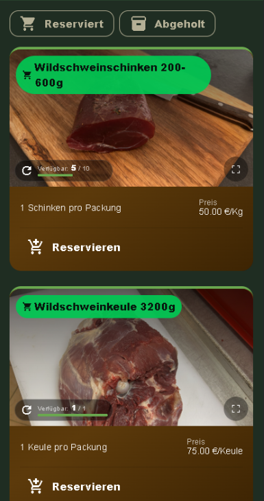 Startansicht der Wildvermarktungs-App mit Produktdarstellung