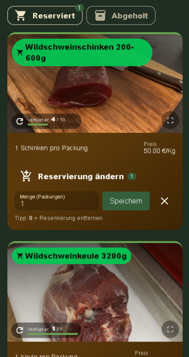 Detailansicht der App mit Reservierungs- und Produktinformationen